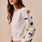 White SO ME Mardi Gras glitter bow knit sweater with colorful sequins