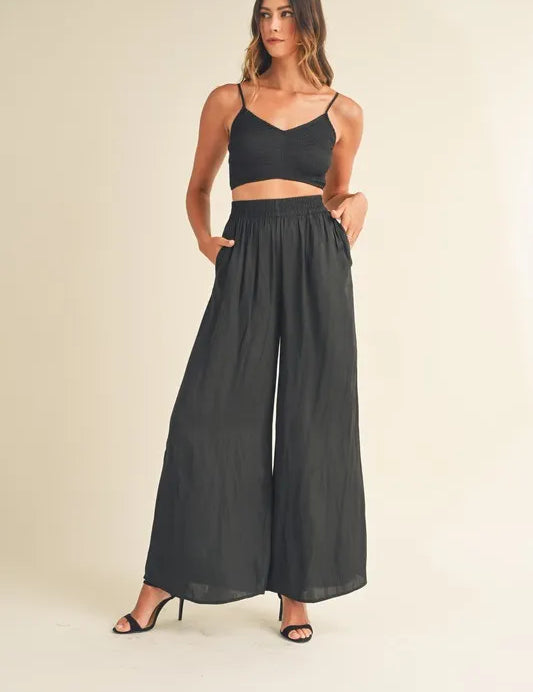 Black MABLE Smocked Bralette Crop Top and Wide Leg Pants Set Black | Outfit Sets Daverri Fashions
