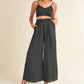 MABLE Smocked Bralette Crop Top and Wide Leg Pants Set Black Outfit Sets