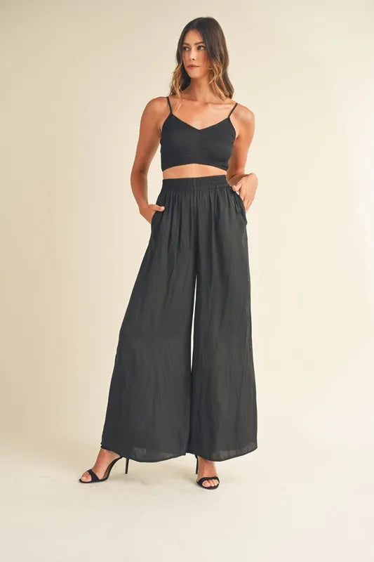MABLE Smocked Bralette Crop Top and Wide Leg Pants Set Black Outfit Sets