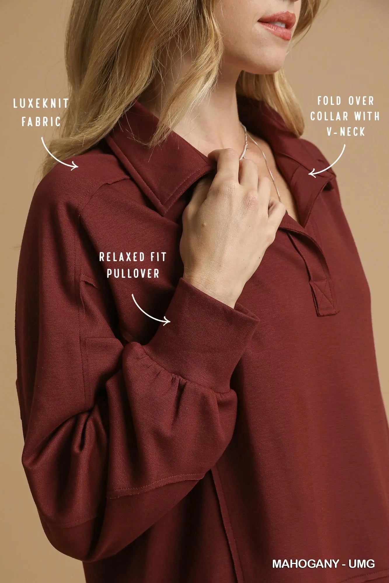 Umgee Exposed Seam Long Sleeve Polo Top with Side Slit Tops