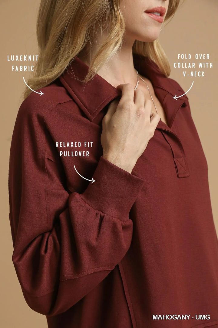 Umgee Exposed Seam Long Sleeve Polo Top with Side Slit Tops