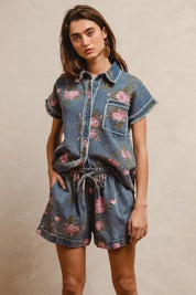 BiBi Floral Printed Denim Short Pants With Pocket | Denim Shorts Daverri Fashions