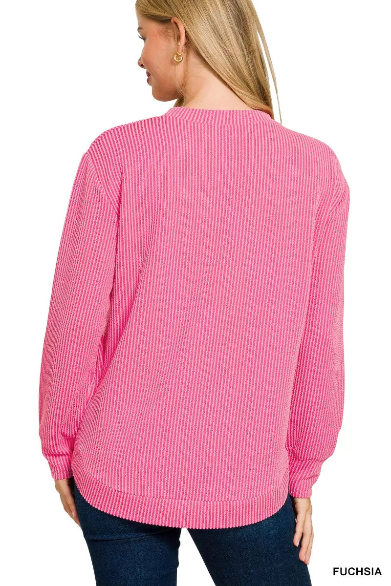 Zenana Full Size Raised Rib Round Neck Long Sleeve Top Plus Size | Daverri Fashions