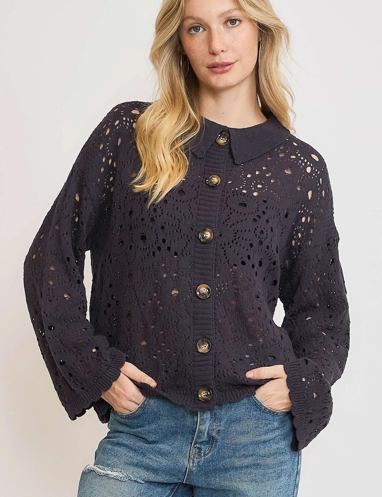 MIDNIGHT Umgee Hollow Out Button Down Cardigan | Cardigans Daverri Fashions