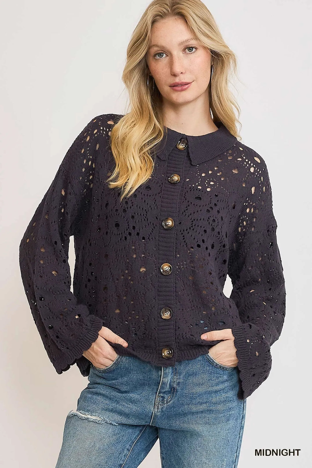 Umgee Hollow Out Button Down Cardigan MIDNIGHT Cardigans