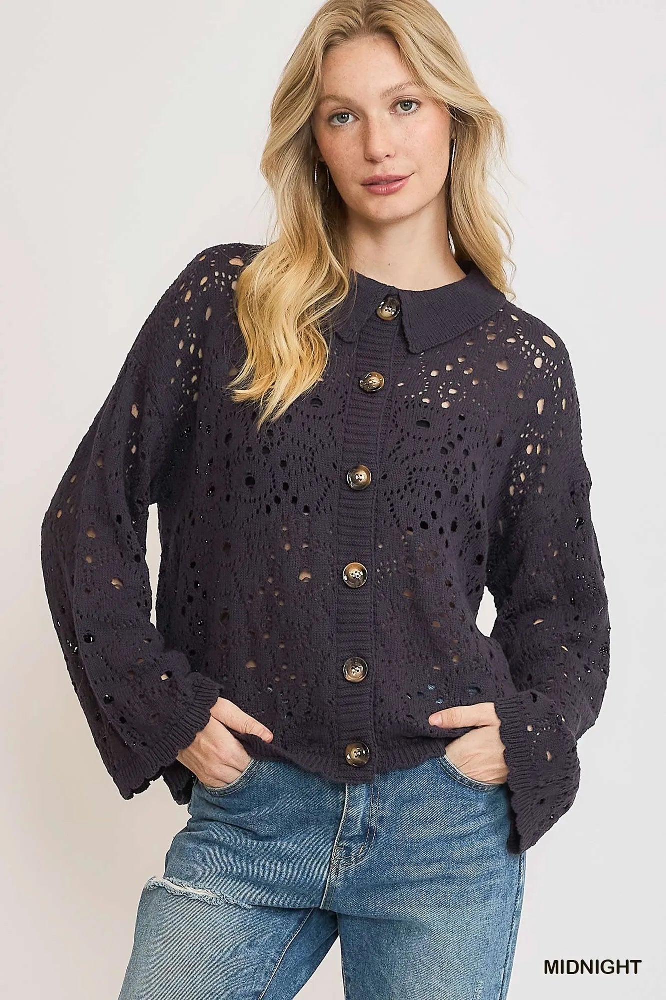 Umgee Hollow Out Button Down Cardigan MIDNIGHT Cardigans