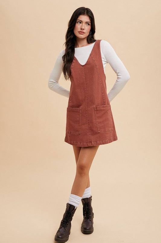 Annie Wear V-Neck Adjustable Strap Denim Overall Dress with Pockets Tops