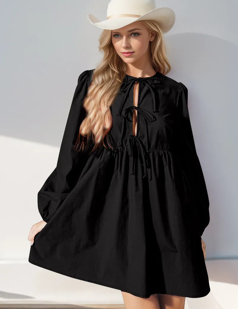 Black Double Take Christmas Front Tied Long Sleeve Mini Dress | Mini Dresses Daverri Fashions