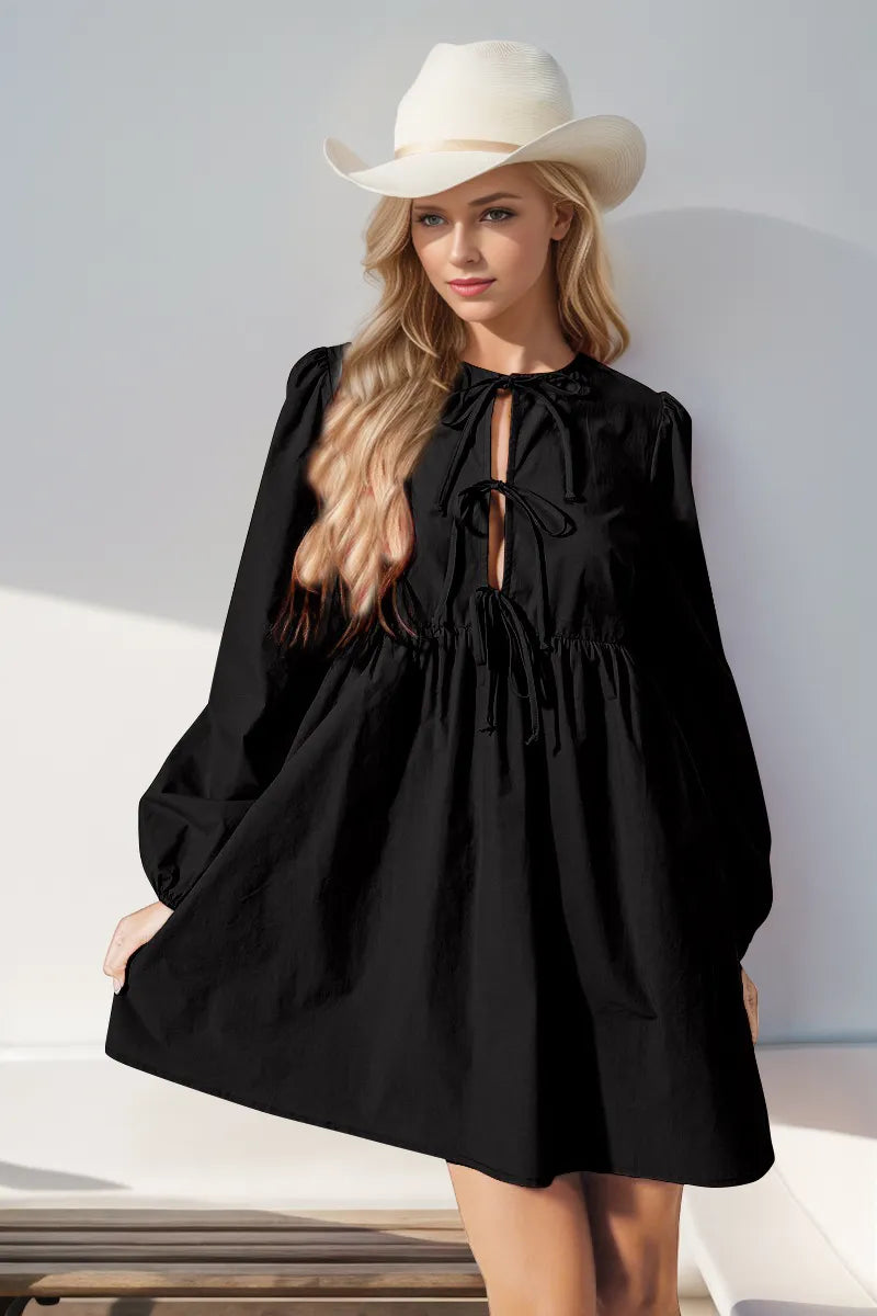 Black Double Take Christmas Front Tied Long Sleeve Mini Dress | Mini Dresses Daverri Fashions