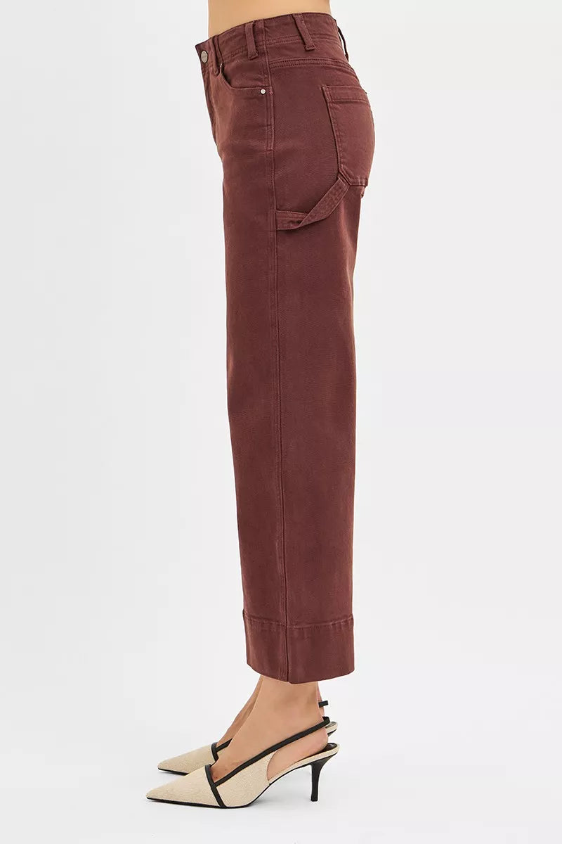 Risen Tummy Control High Rise Crop Wide Burgundy Denim Pants