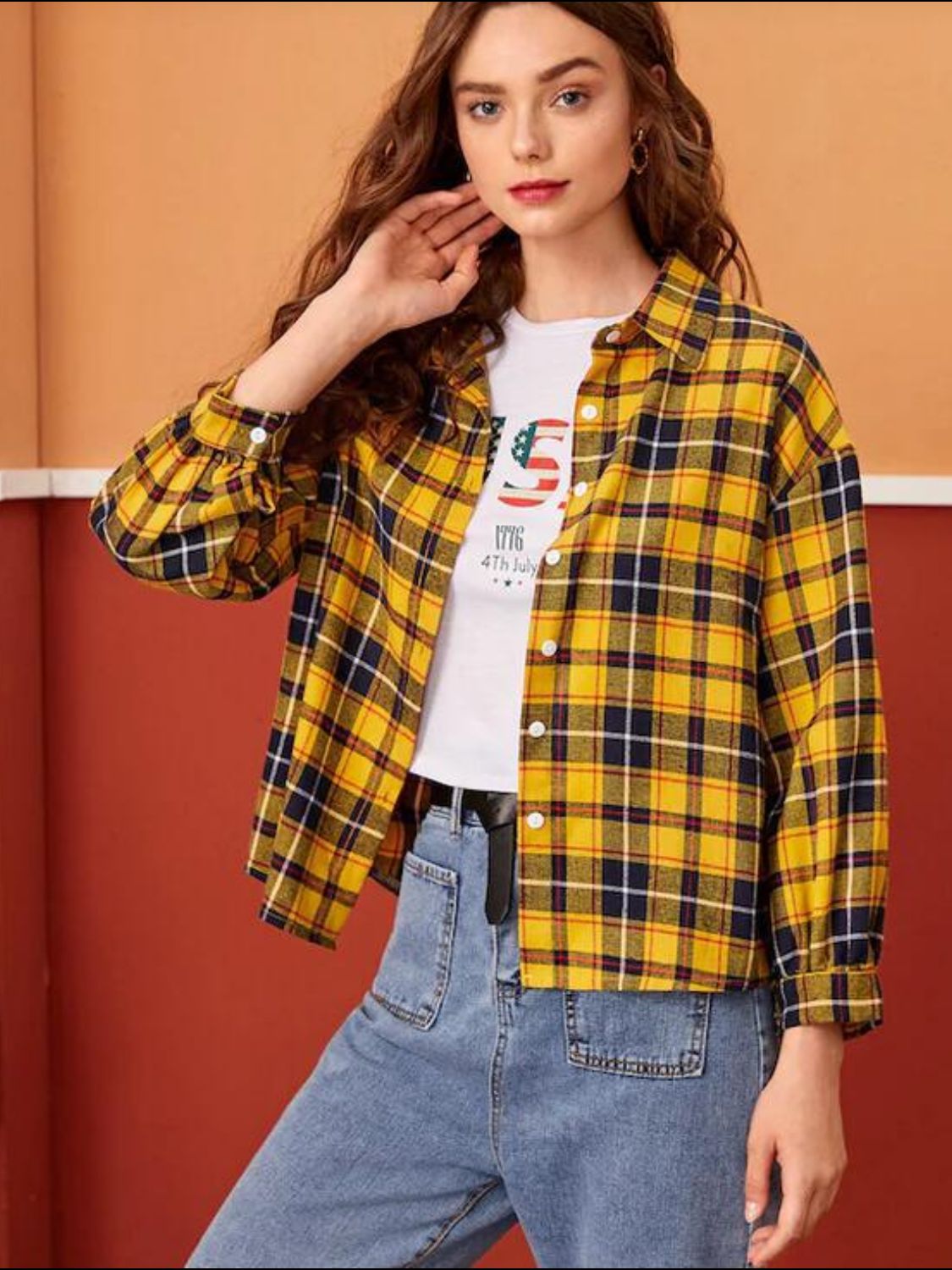 Daverri yellow and black plaid button-down flannel shirt