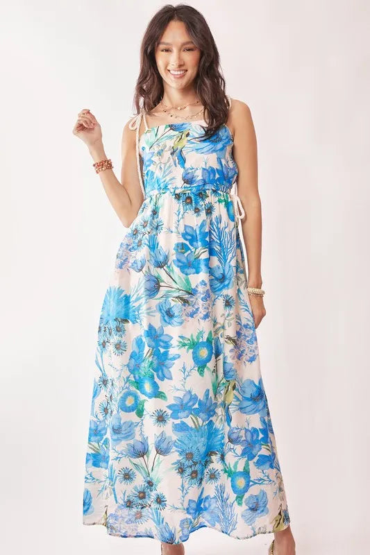 Davi & Dani Tropical Boho Printed Detail Cut Out Maxi Dress Cobalt Blue Maxi Dresses