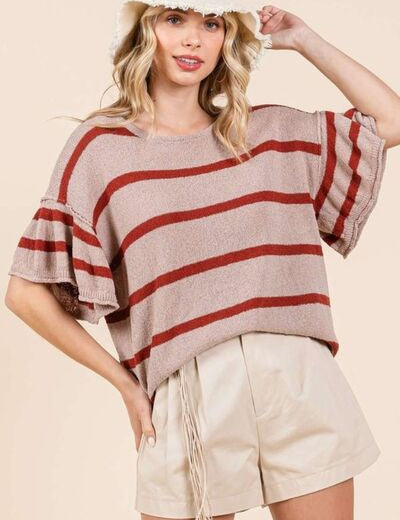 Mittoshop Striped Flounce Sleeve Knit Top Tops