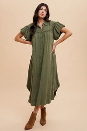 Annie Wear Mineral Washed Button Down Puff Sleeve Shirt Dress Army Green Tops