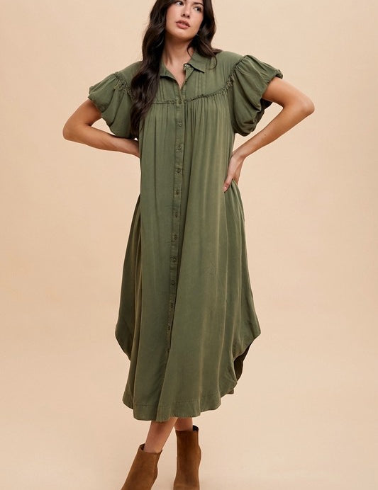 Annie Wear Mineral Washed Button Down Puff Sleeve Shirt Dress Army Green Tops