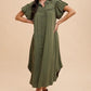 Annie Wear Mineral Washed Button Down Puff Sleeve Shirt Dress Army Green L Tops