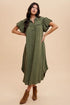 Annie Wear Mineral Washed Button Down Puff Sleeve Shirt Dress Army Green L Tops