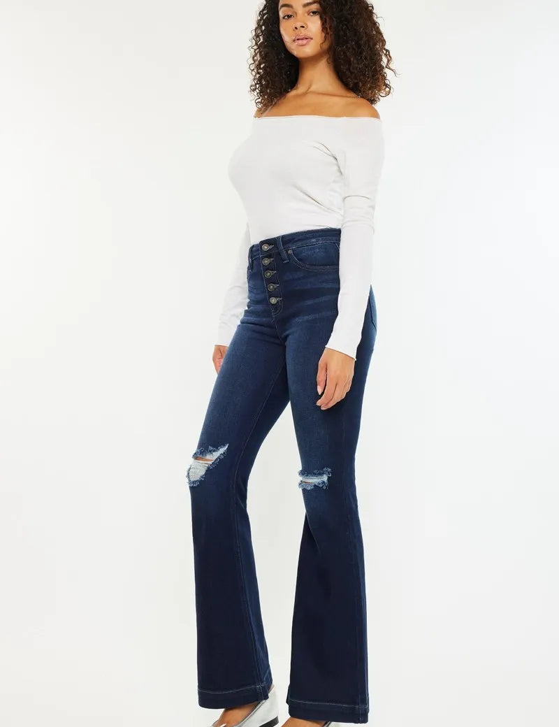 Kancan Button Fly High Rise Distressed Flare Jeans | Jeans Daverri Fashions