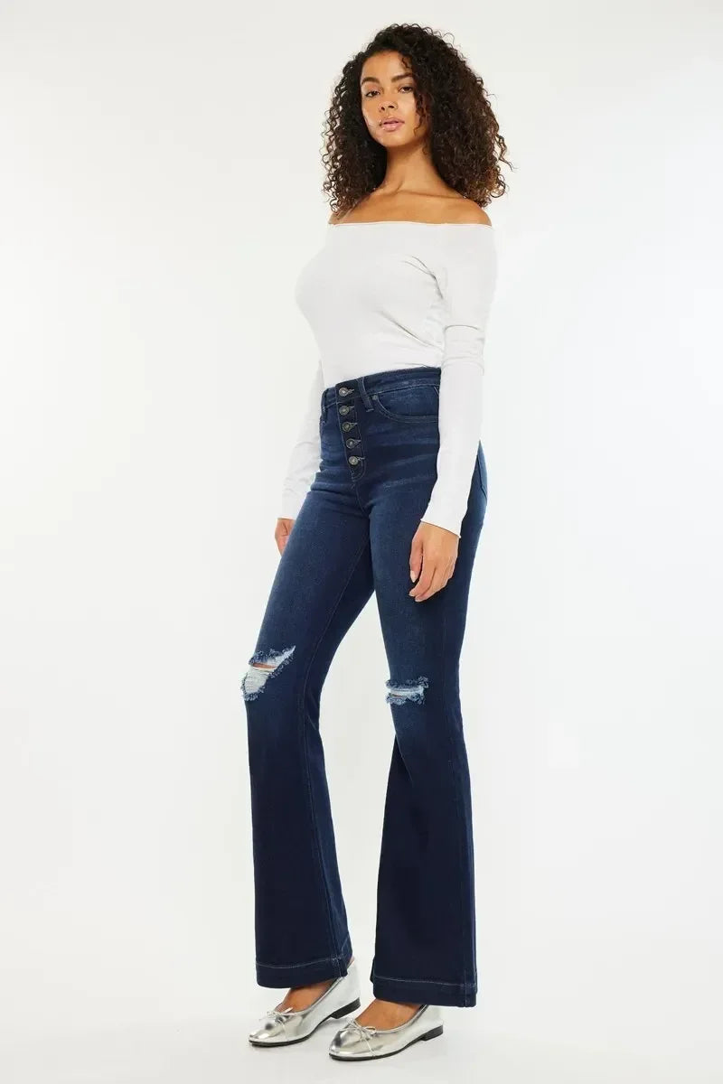 Kancan Button Fly High Rise Distressed Flare Jeans - DAVERRI FASHIONS