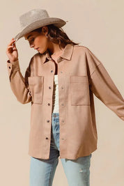 SO ME Faux Sued Snap Shacket with Collar and Pockets | Daverri Fashions