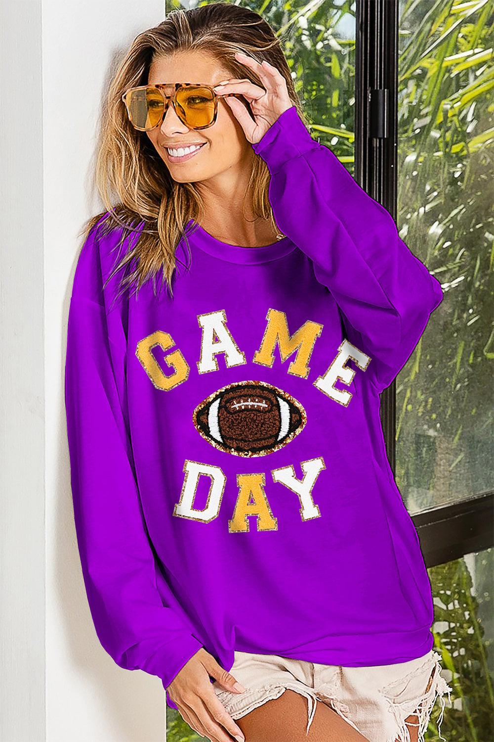 BiBi Game Day Letter Patches Sweatshirt Purple Mustard Sweaters