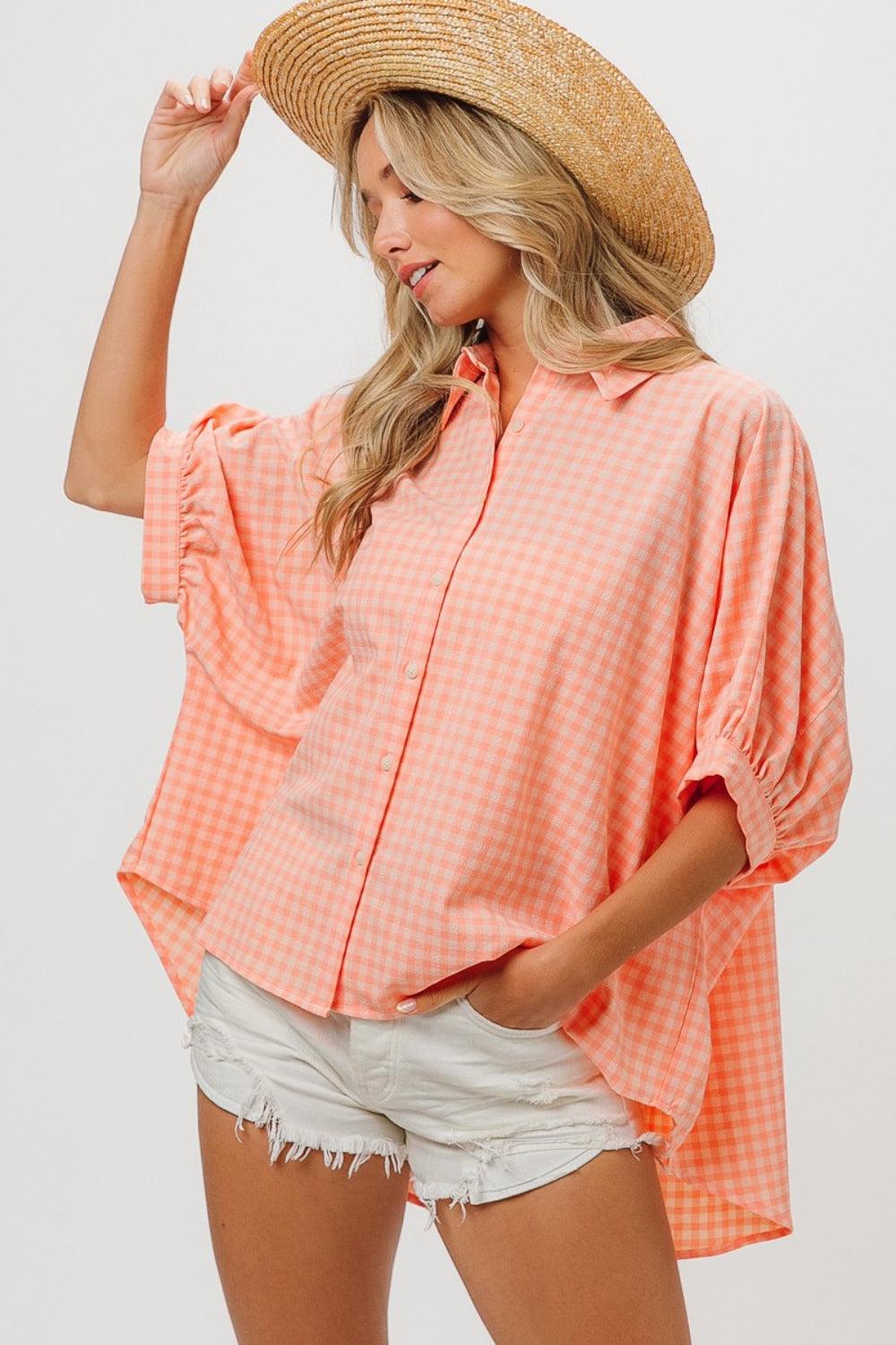 BiBi Plaid Button Up Dolman Sleeve Shirt Shirts & Tops