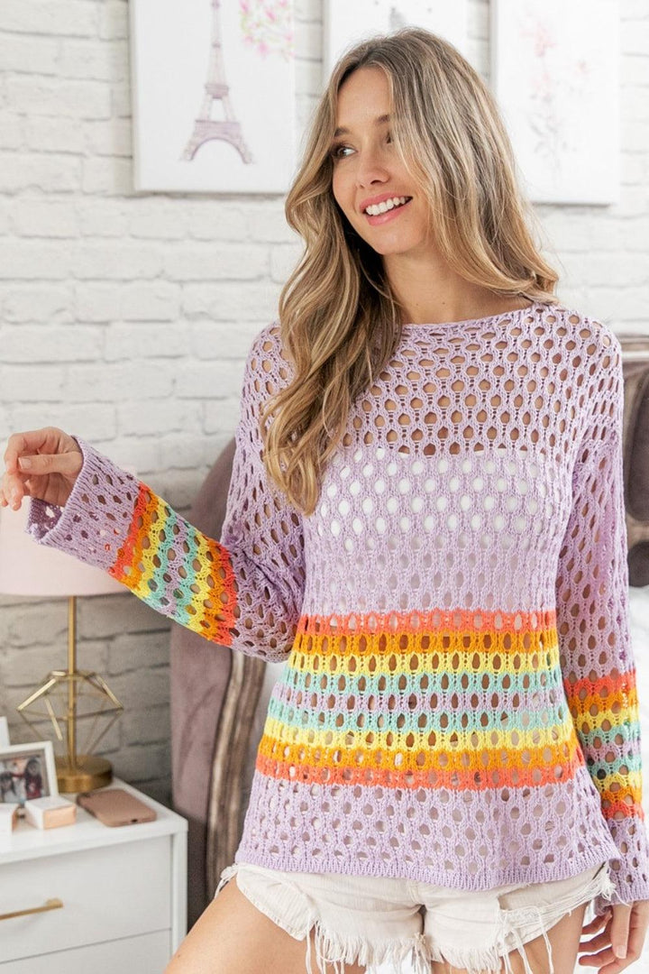 BiBi Rainbow Stripe Hollow Out Cover Up Shirts & Tops