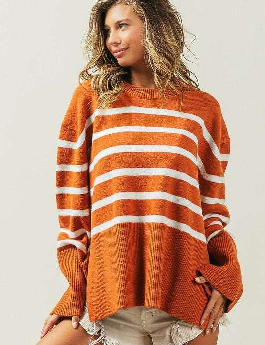 Bibi Ribbed Striped Sweater RUST XL Sweaters