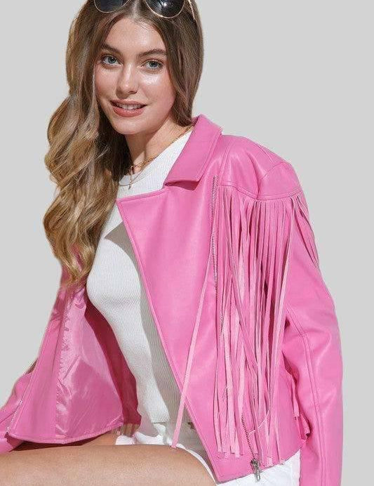 Vegan Leather Fringe Moto Jacket Coats & Jackets