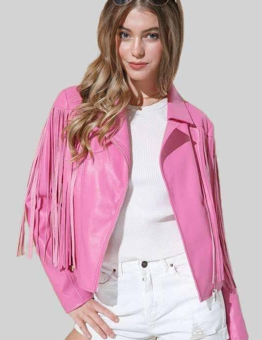 Vegan Leather Fringe Moto Jacket Fuchsia Coats & Jackets