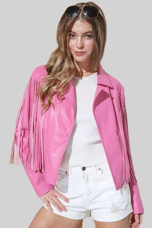 Vegan Leather Fringe Moto Jacket Fuchsia Coats & Jackets