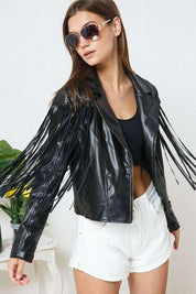 Vegan Leather Fringe Moto Jacket Black Coats & Jackets