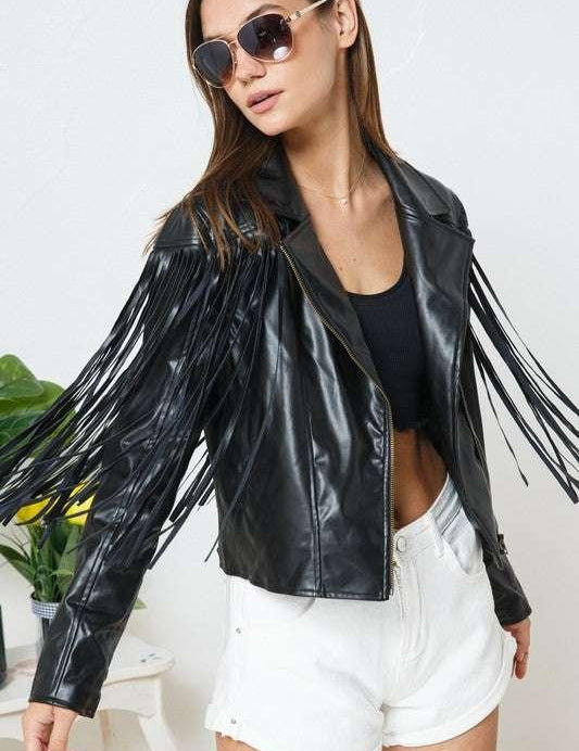 Vegan Leather Fringe Moto Jacket Black Coats & Jackets