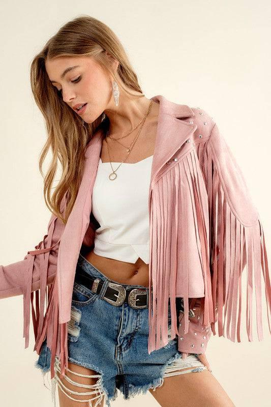 Western Studded Open Fringe Jacket Blush Coats & Jackets