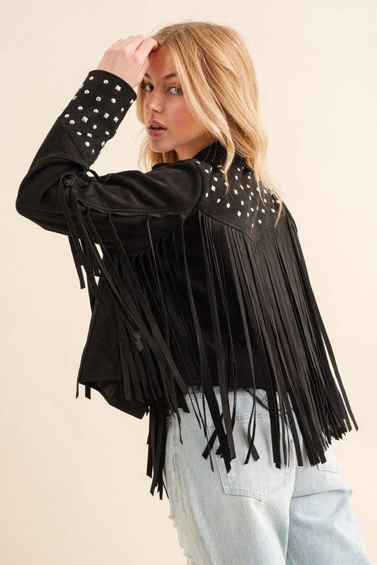 Western Studded Open Fringe Jacket Black Coats & Jackets