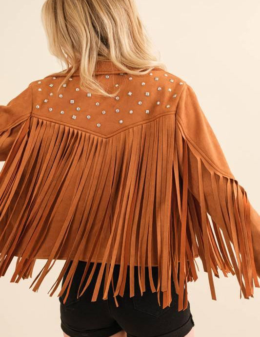 Western Studded Open Fringe Jacket Camel Coats & Jackets