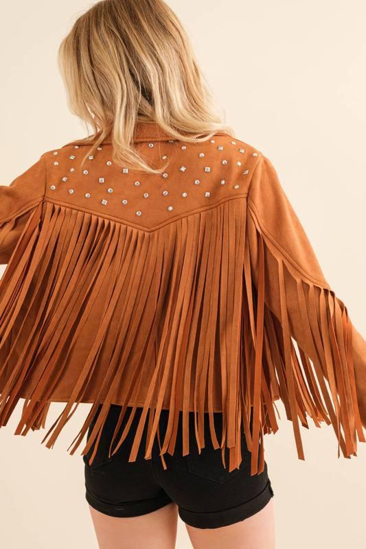 Western Studded Open Fringe Jacket Camel Coats & Jackets