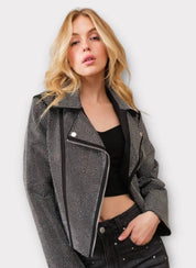 Crystal Studded Stretch Zip Up Moto Jacket Coats & Jackets