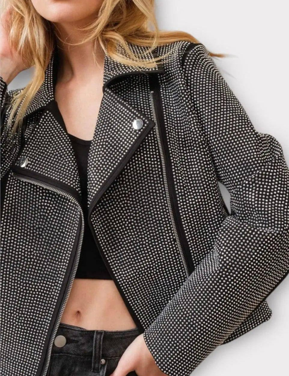 Crystal Studded Stretch Zip Up Moto Jacket Coats & Jackets