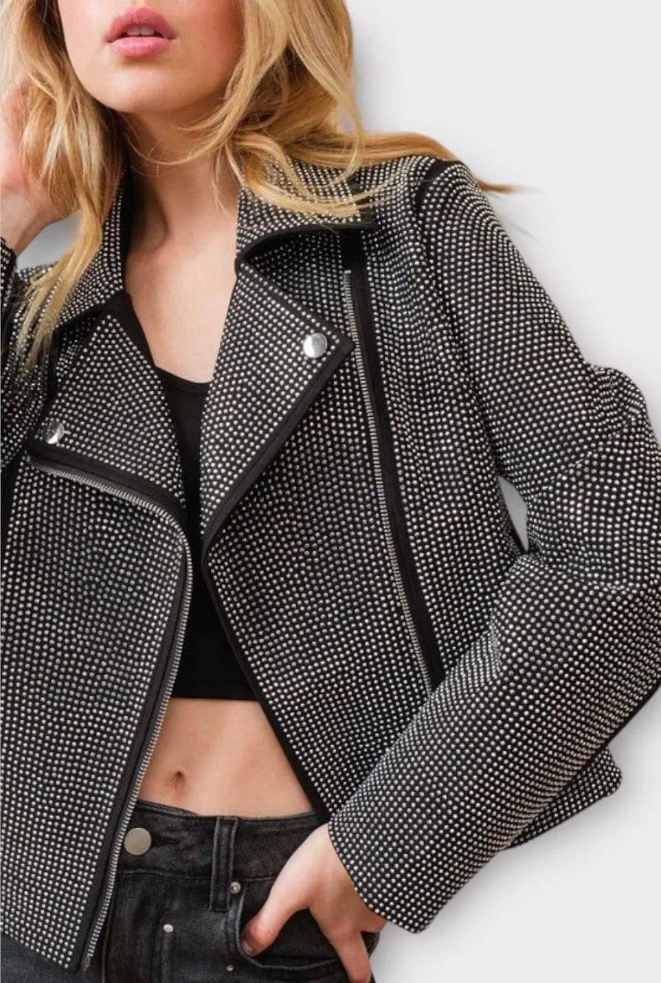 Crystal Studded Stretch Zip Up Moto Jacket Coats & Jackets