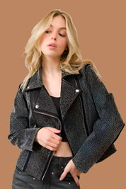 Crystal Studded Stretch Zip Up Moto Jacket Coats & Jackets