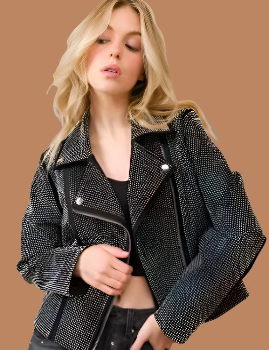 Crystal Studded Stretch Zip Up Moto Jacket Coats & Jackets