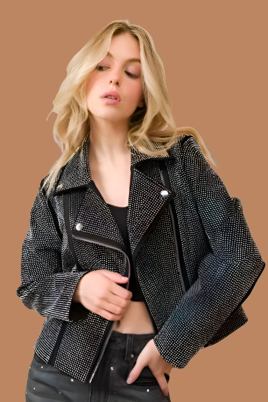 Crystal Studded Stregtch Zip Up Moto Jacket Coats & Jackets