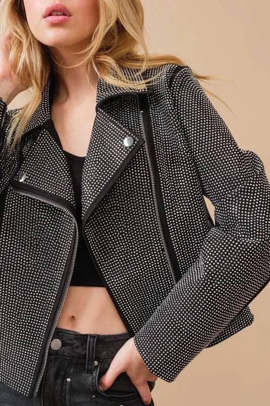 Crystal Studded Stregtch Zip Up Moto Jacket Coats & Jackets