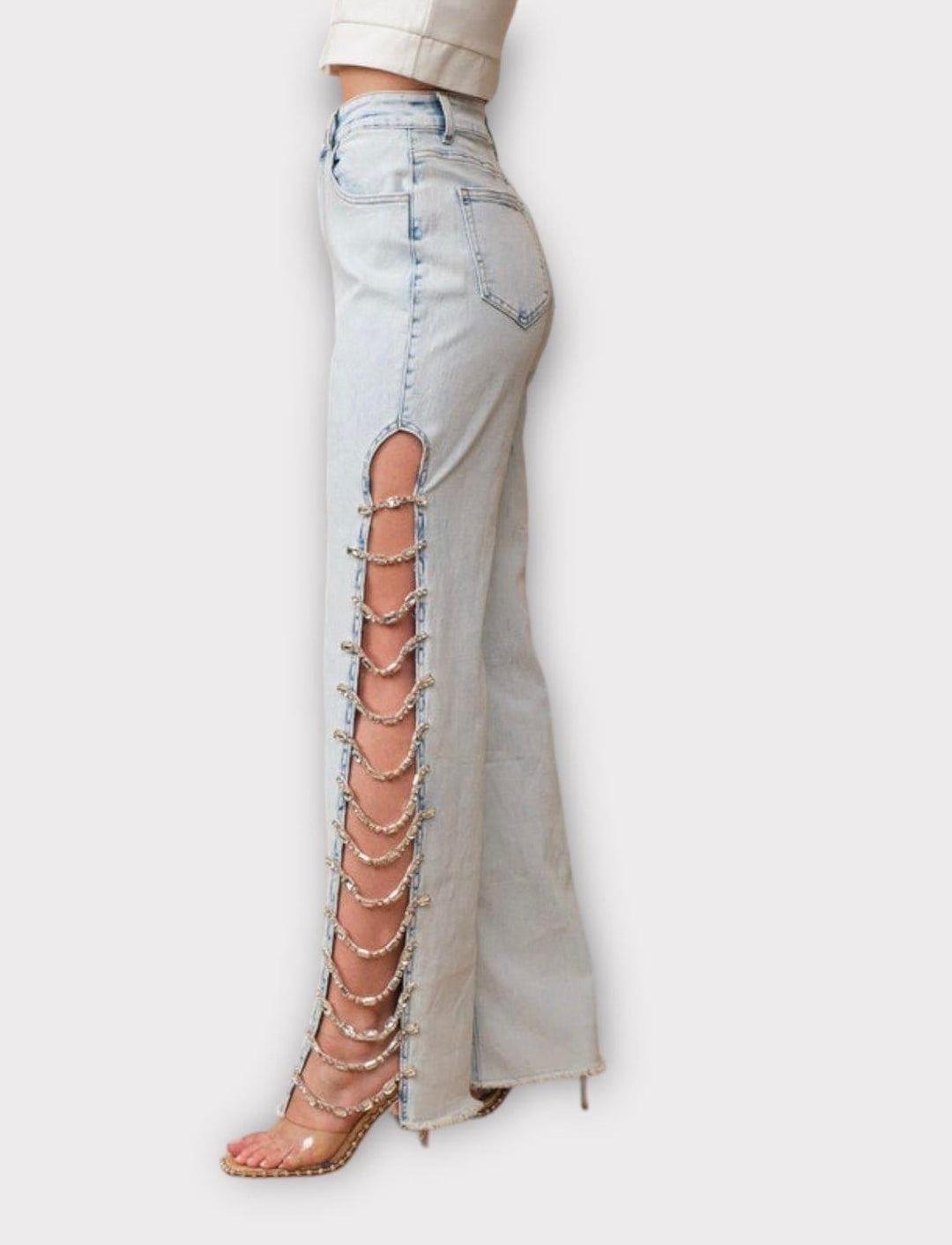 Jeweled Embellished Denim Jeans LIGHT WASH L Jeans