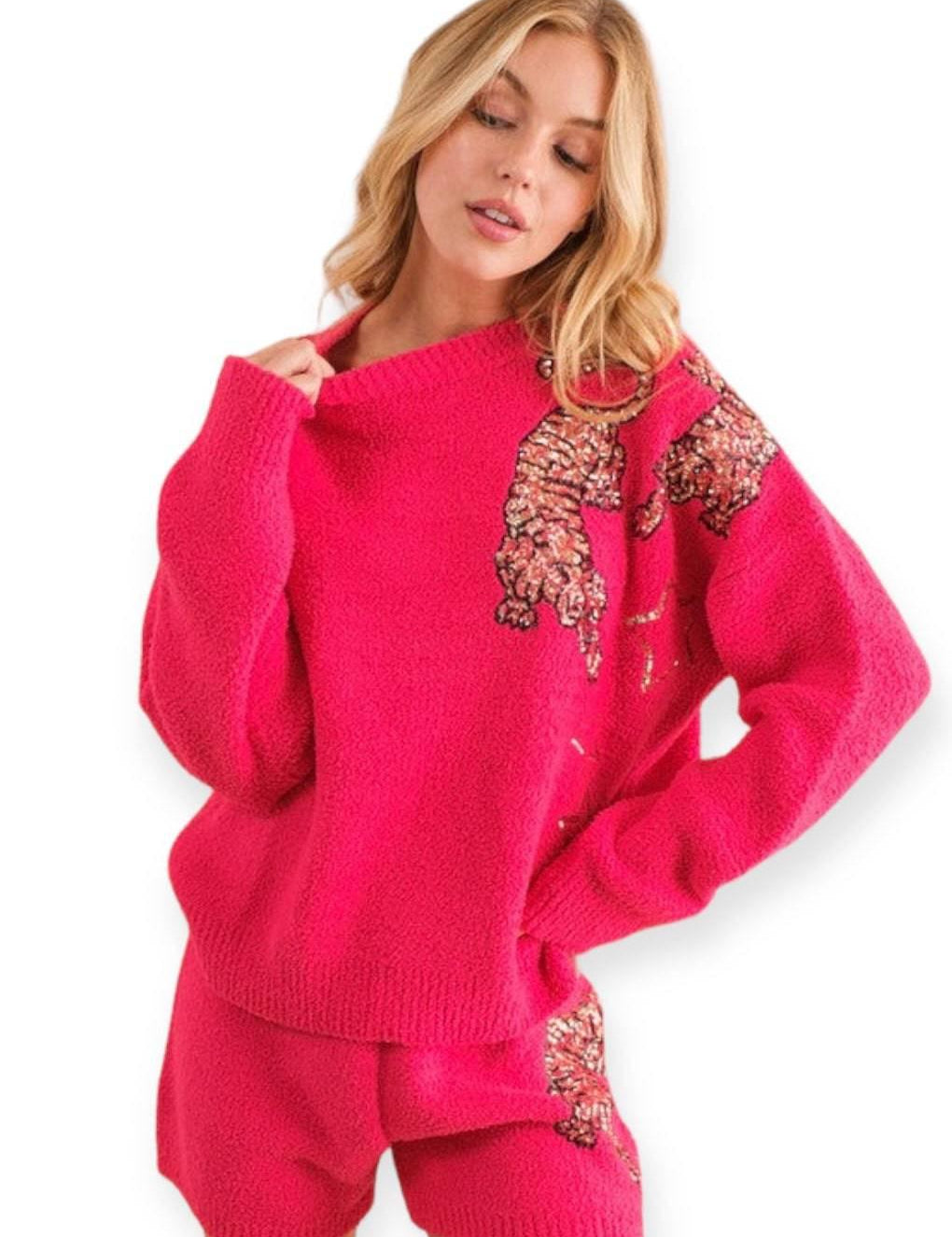 Cozy tiger star knit lounge set Hot Pink Loungewear