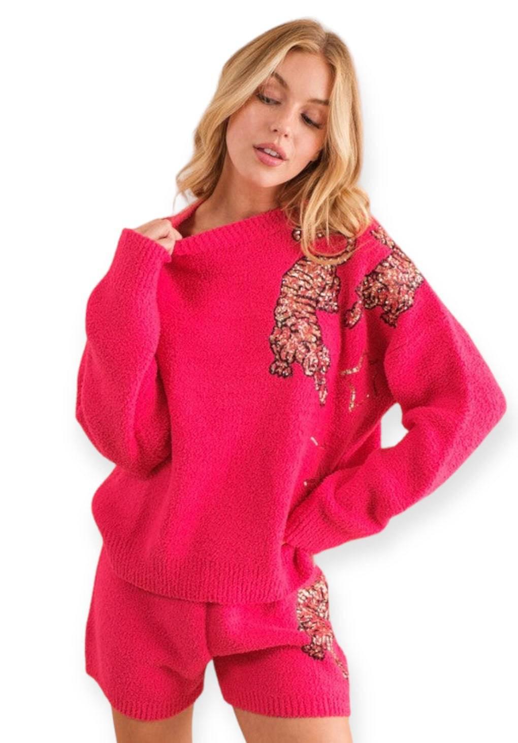 Cozy tiger star knit lounge set Hot Pink Loungewear