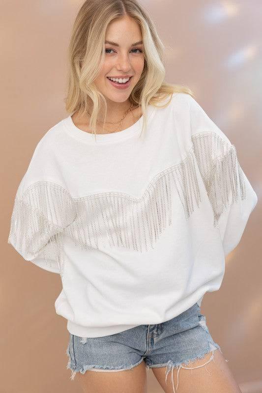 Embellished rhinestone fringe oversized top Shirts & Tops