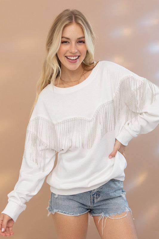 Embellished rhinestone fringe oversized top Shirts & Tops